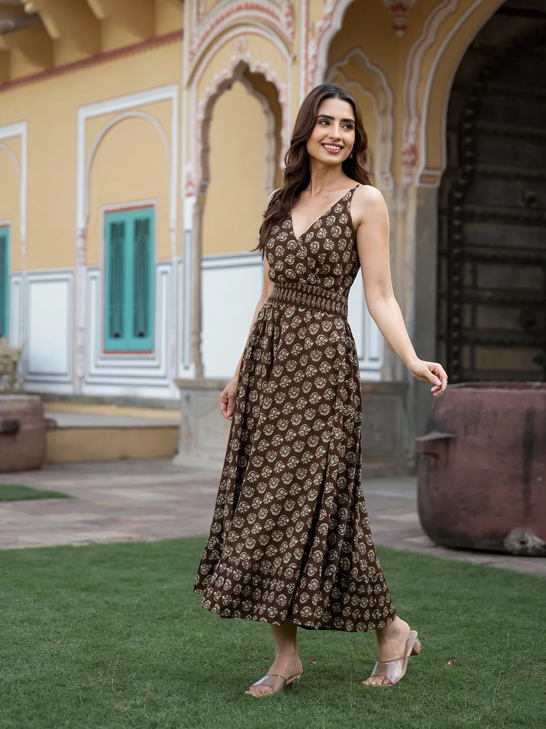 Jashvi Brown Floral Print Pure Cotton Fit & Flare Dress