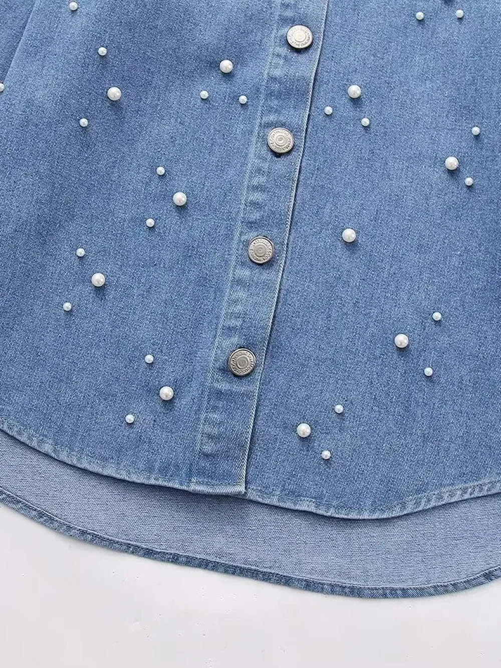 Kari Faux Pearl Denim Single Breasted Shirt