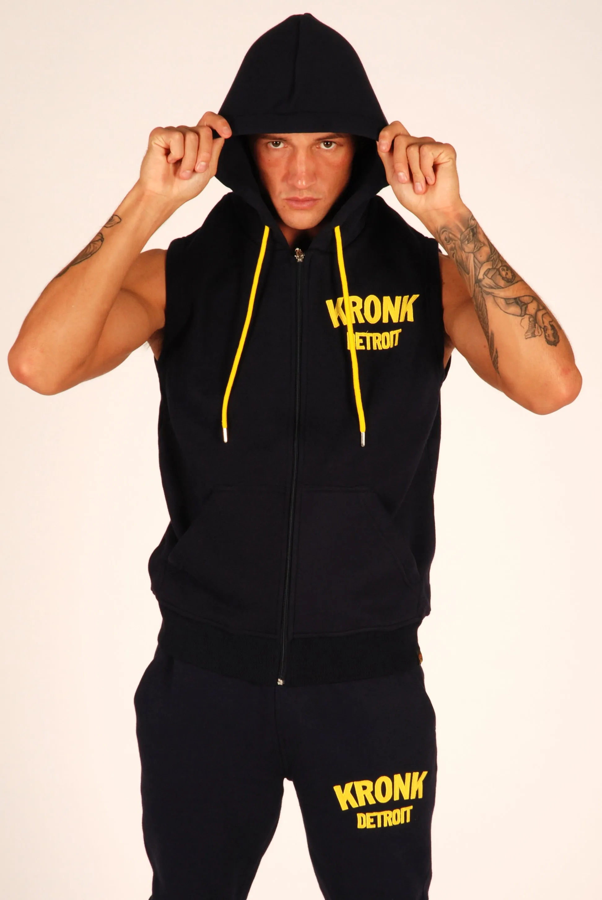 KRONK Detroit Applique Zip through Sleeveless Hoodie Navy