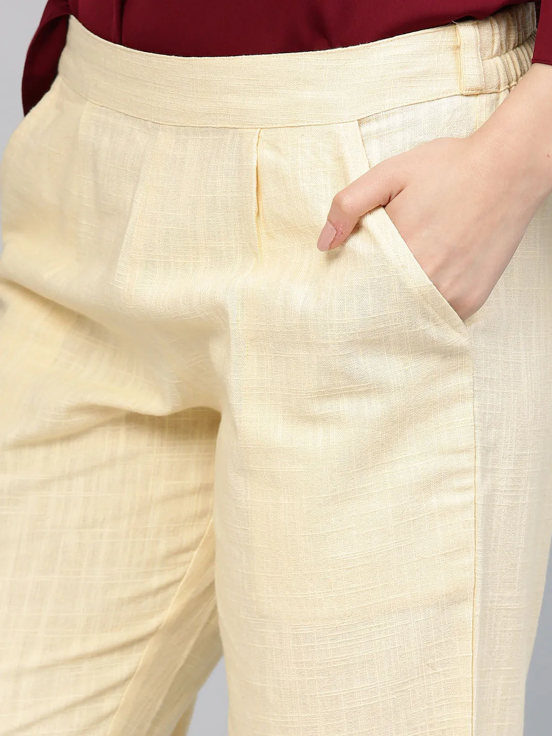 Light Yellow Solid Cotton Slub Straight Pants