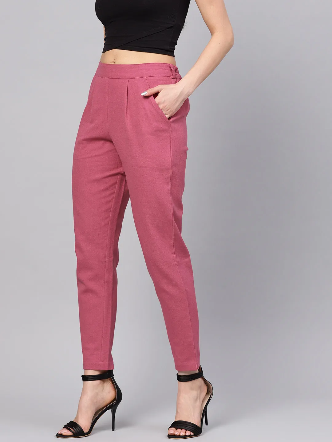 Magenta Solid Cotton Slub Straight Pants