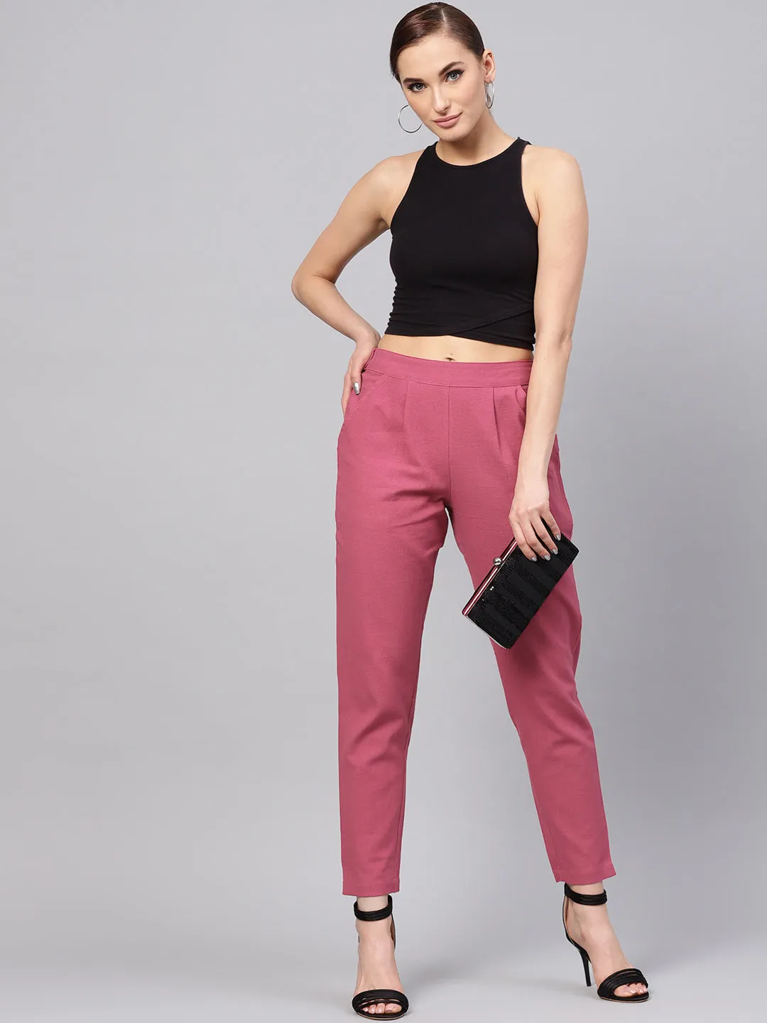 Magenta Solid Cotton Slub Straight Pants