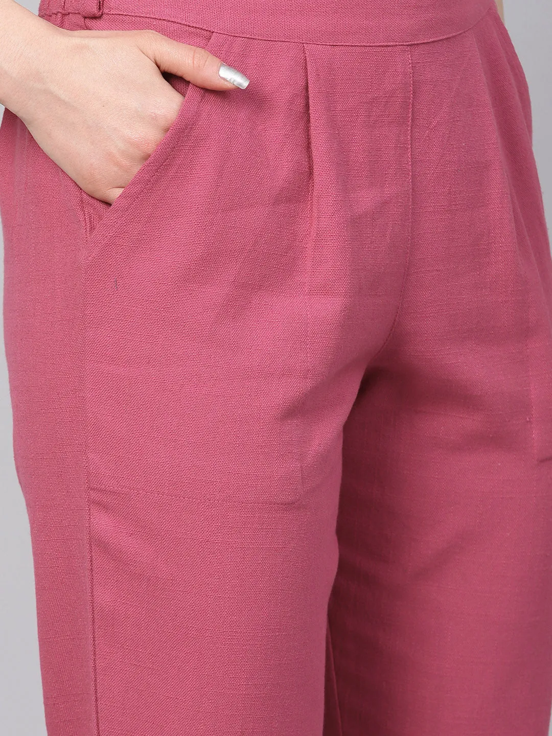 Magenta Solid Cotton Slub Straight Pants