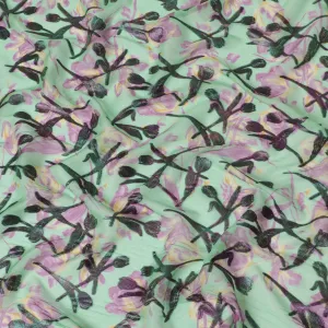 Mint Serenity Silk Chiffon Fabric with Purple Lurex Florals, 110cm Wide â€“ Enchanting Textile Art-D18392