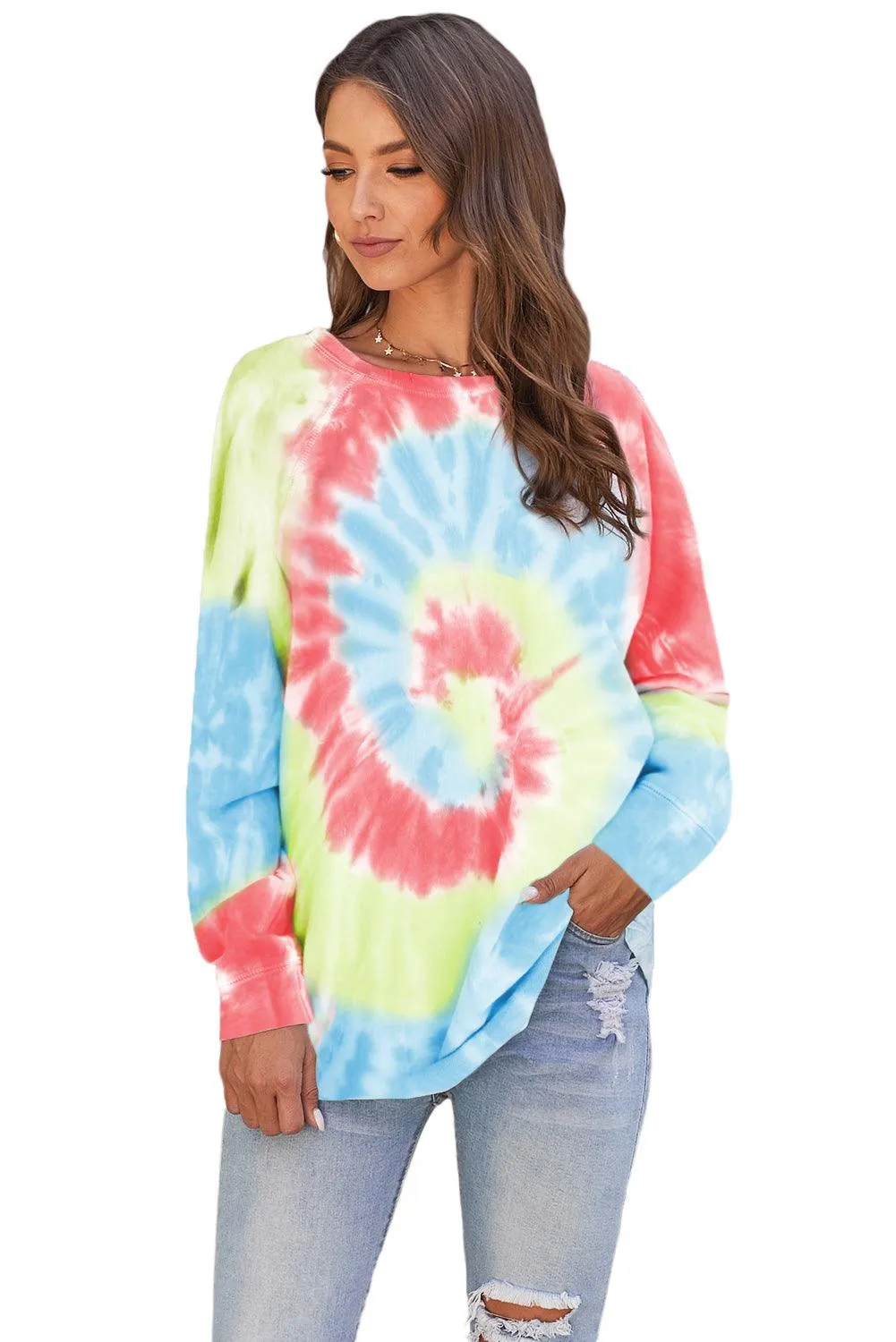 Pink Blue Ombre Tie Dye Loose Leisure Sweatshirt