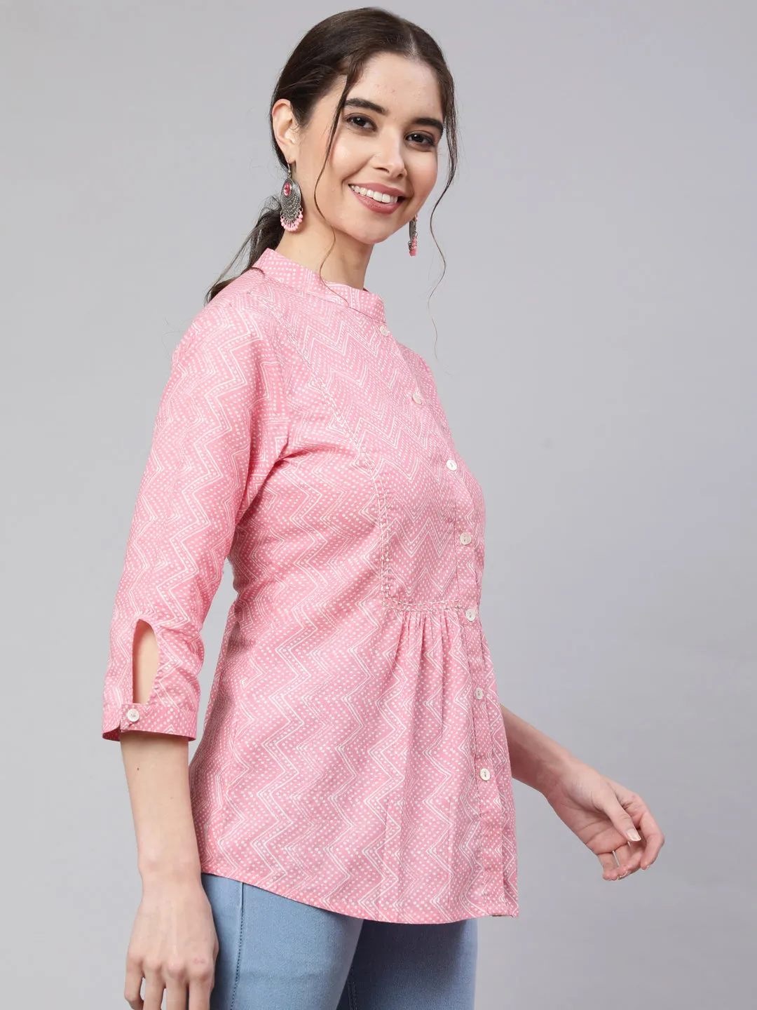 Pink Zigzag Embroidered Printed Ethnic Shirt