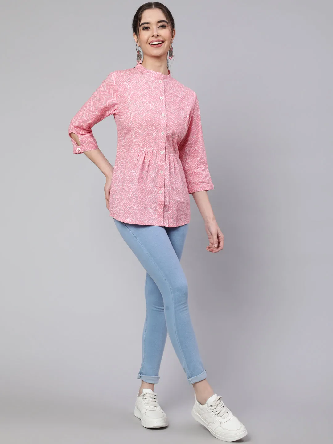 Pink Zigzag Embroidered Printed Ethnic Shirt