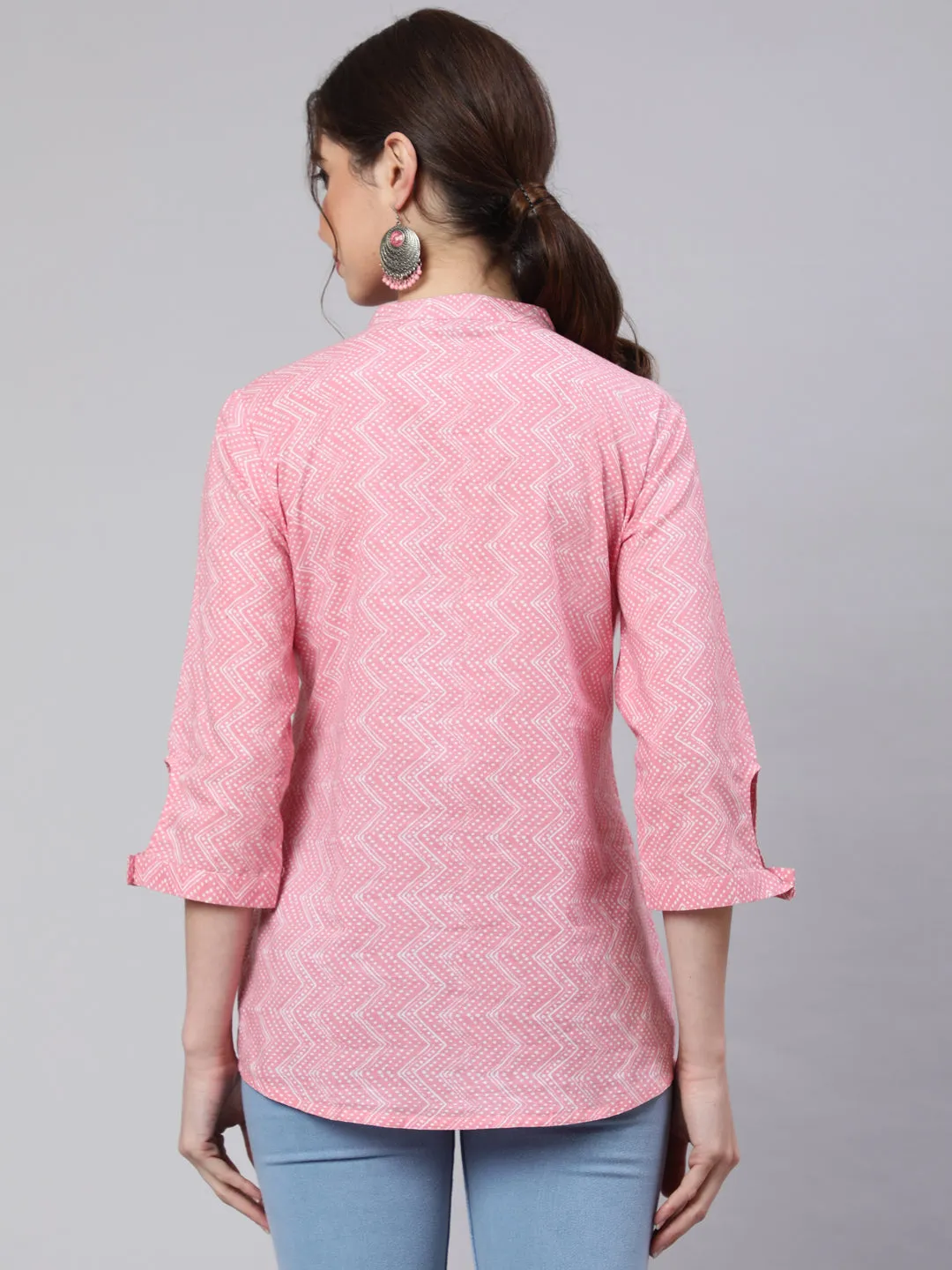 Pink Zigzag Embroidered Printed Ethnic Shirt