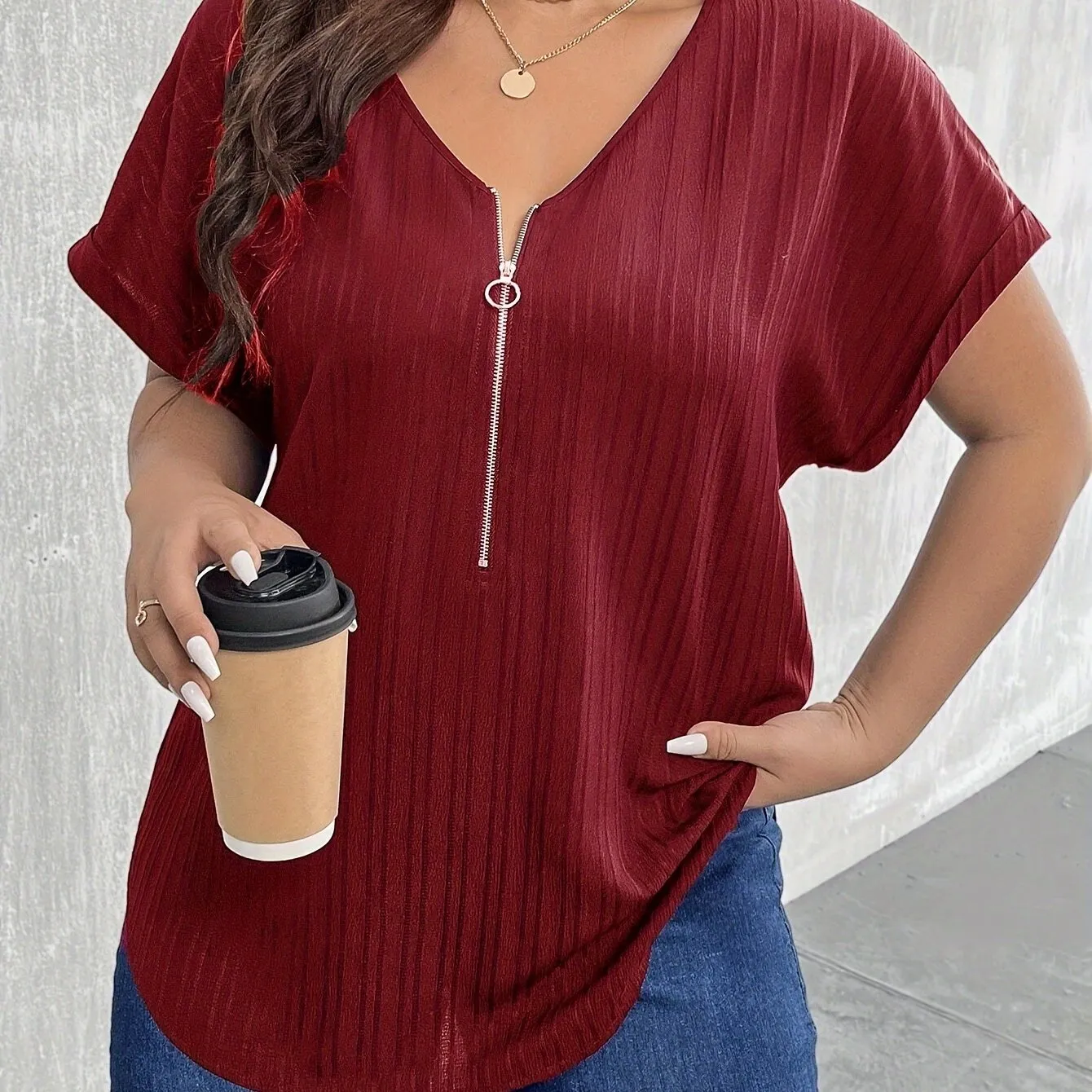 Plus Size Textured Blouse with Fashionable Half-Zip - Flattering V-Neck & Short Sleeves - Perfect Casual Elegance for Spring - Curvy Womens Wardrobe Must-Have