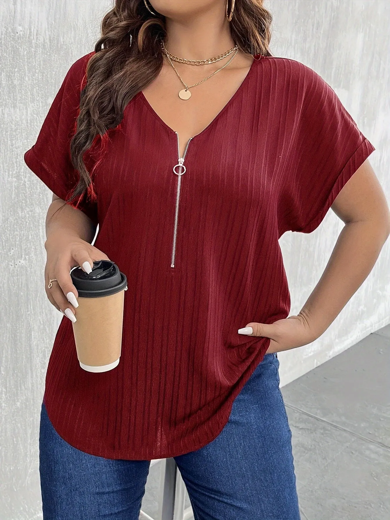 Plus Size Textured Blouse with Fashionable Half-Zip - Flattering V-Neck & Short Sleeves - Perfect Casual Elegance for Spring - Curvy Womens Wardrobe Must-Have