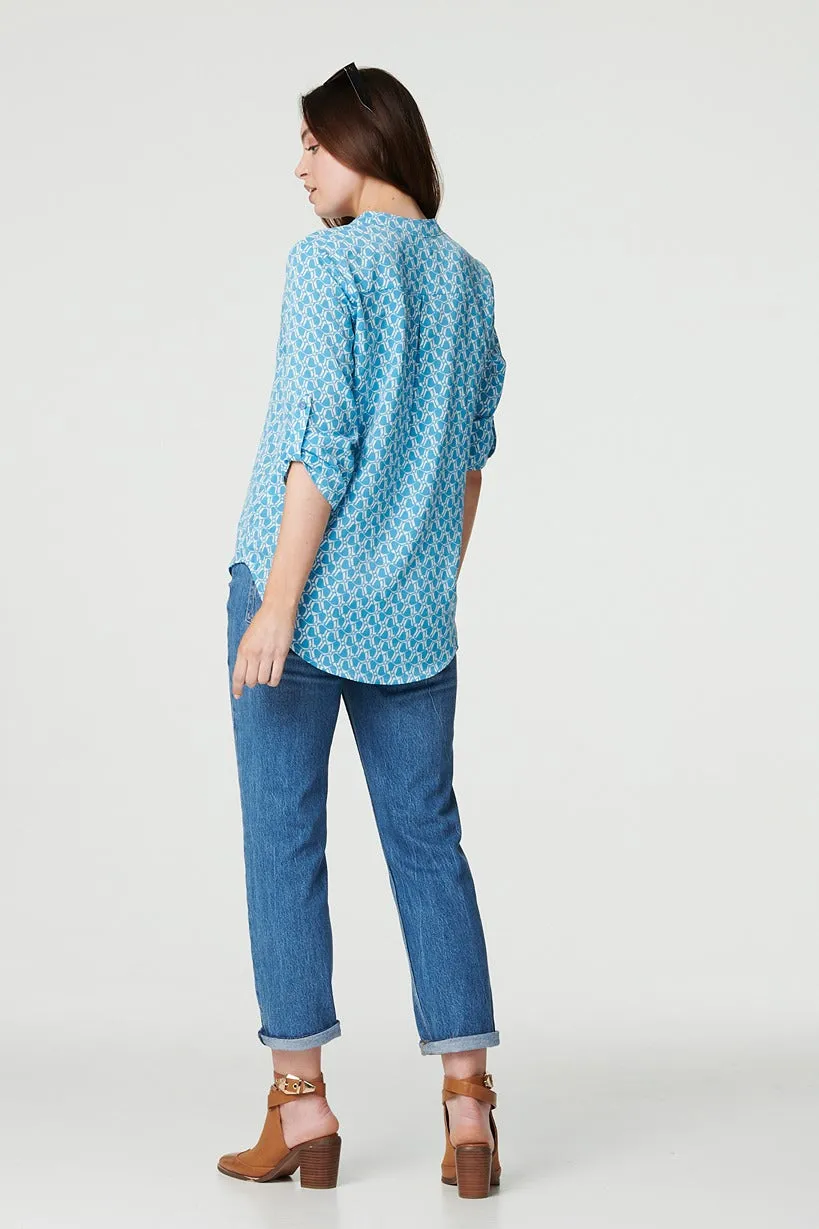 Printed 3/4 Turn-Up Sleeve Blouse