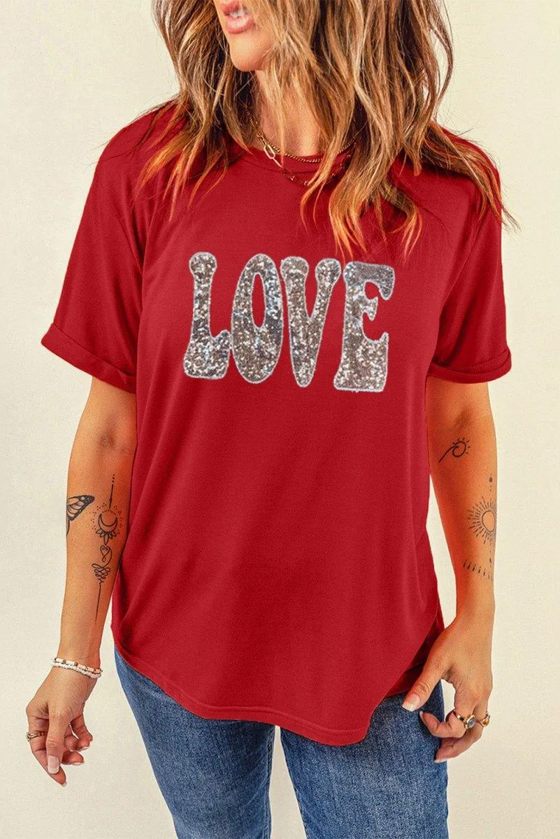 Red Sequined LOVE Valentines T-shirt