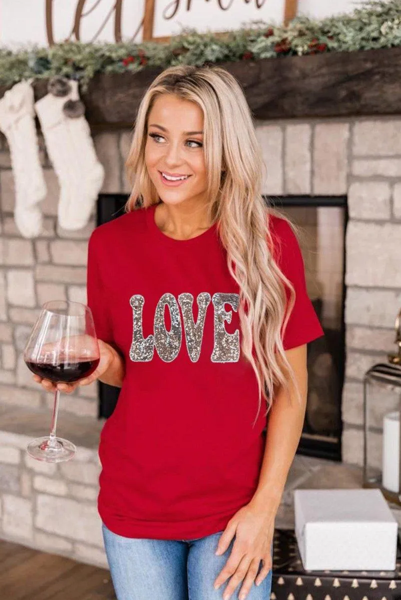 Red Sequined LOVE Valentines T-shirt