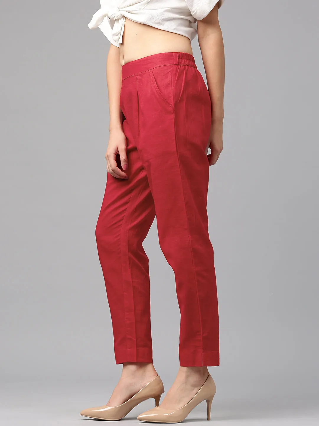 Red Solid Cotton Slub Straight Pants