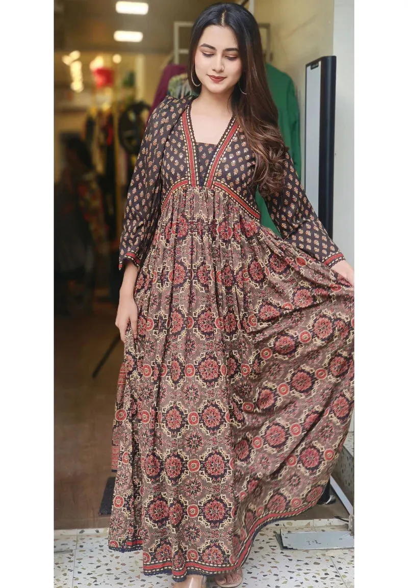 RFSS1733 - Ajrakh Printed Alia cut Kurta. Comes with Pants and Ajrakh Print stylish Dupatta