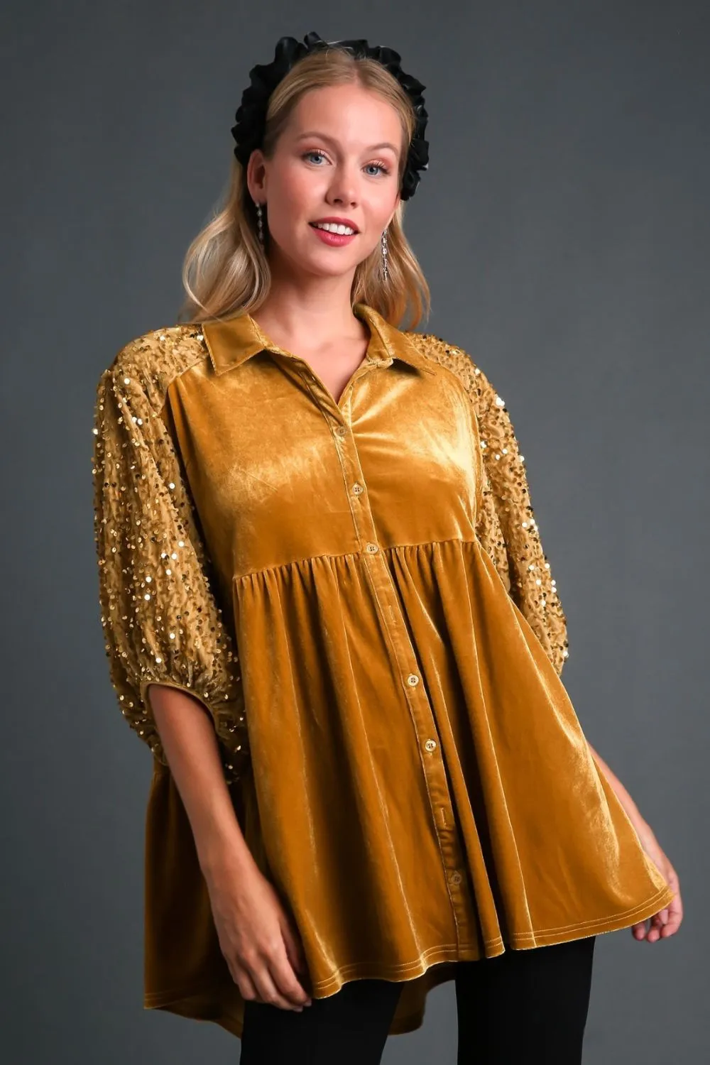 Sequin Detail Tiered Back Half Sleeve Shirt