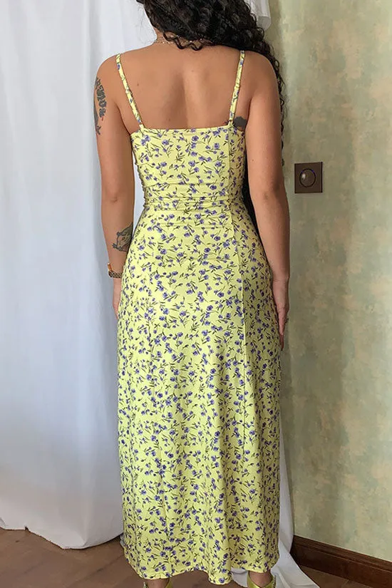 Sexy Eyelash Sweetheart Spaghetti Strap High Split Summer Floral Midi Sundress - Yellow