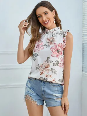 SHEIN Ruffle Trim Floral Print Top