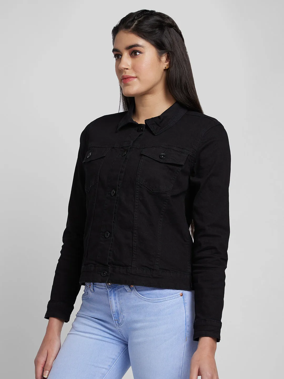 Spykar Women Black Lycra Regular Fit Denim Jacket