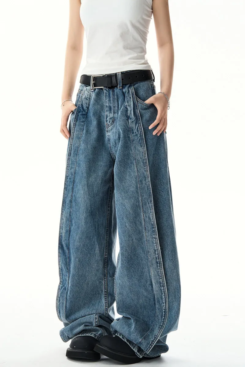 Streetwear Scimitar Wide-Leg Jeans Washed Vintage Trousers