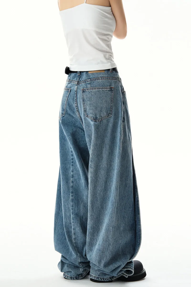 Streetwear Scimitar Wide-Leg Jeans Washed Vintage Trousers