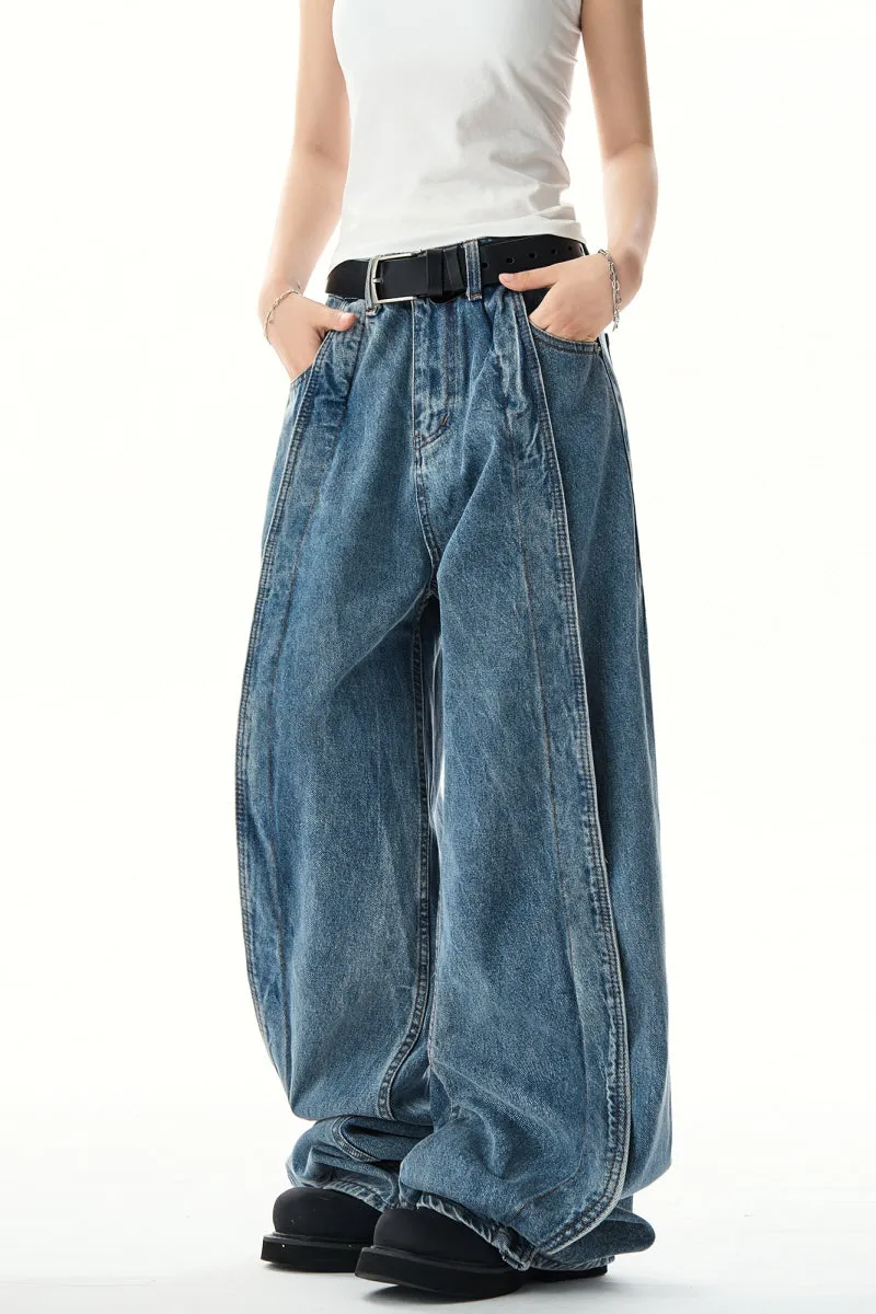 Streetwear Scimitar Wide-Leg Jeans Washed Vintage Trousers