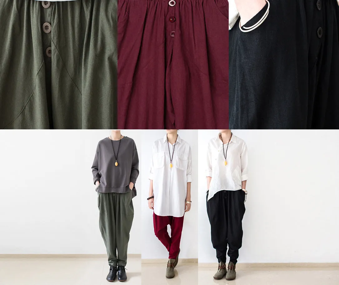 Stylish tea green linen carrot pants oversize causal cotton harem pants