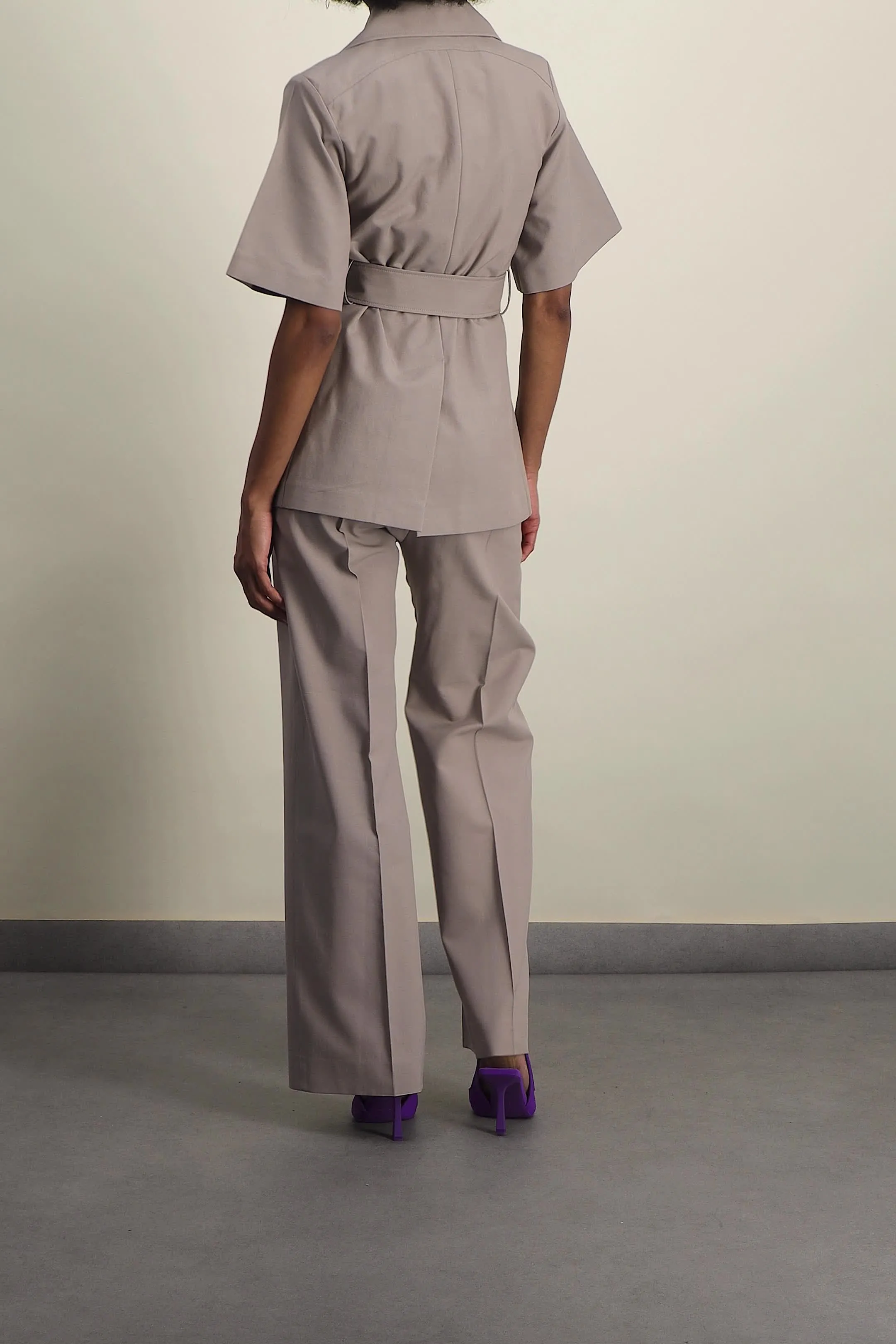 Taupe organic cotton and wool long tailored straight leg pants