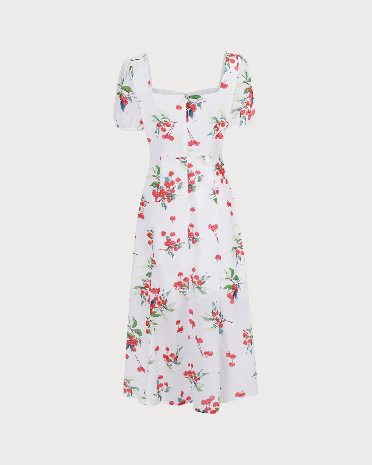 The White Puff Sleeve Cherry Split Midi Dress