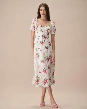 The White Puff Sleeve Cherry Split Midi Dress