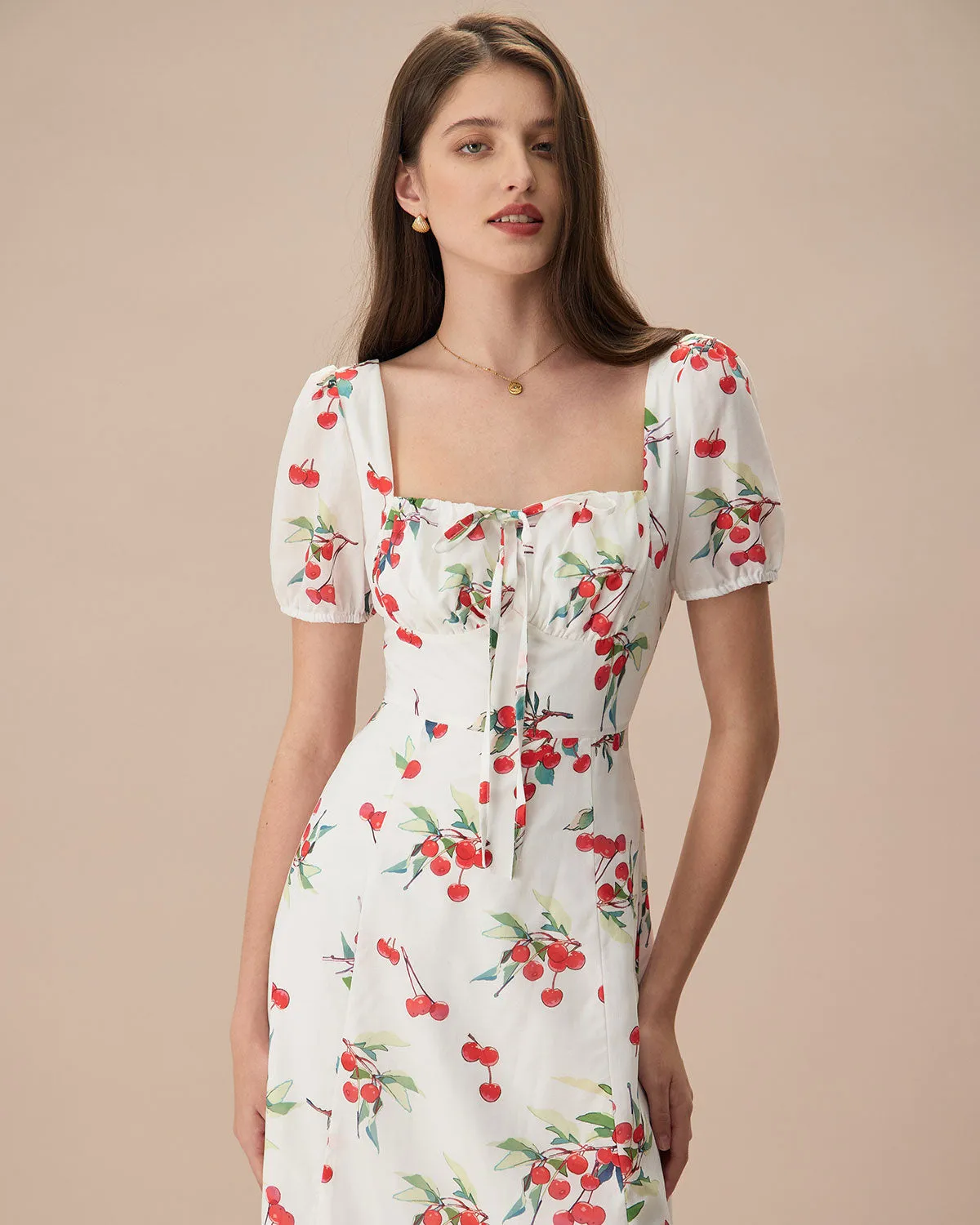 The White Puff Sleeve Cherry Split Midi Dress