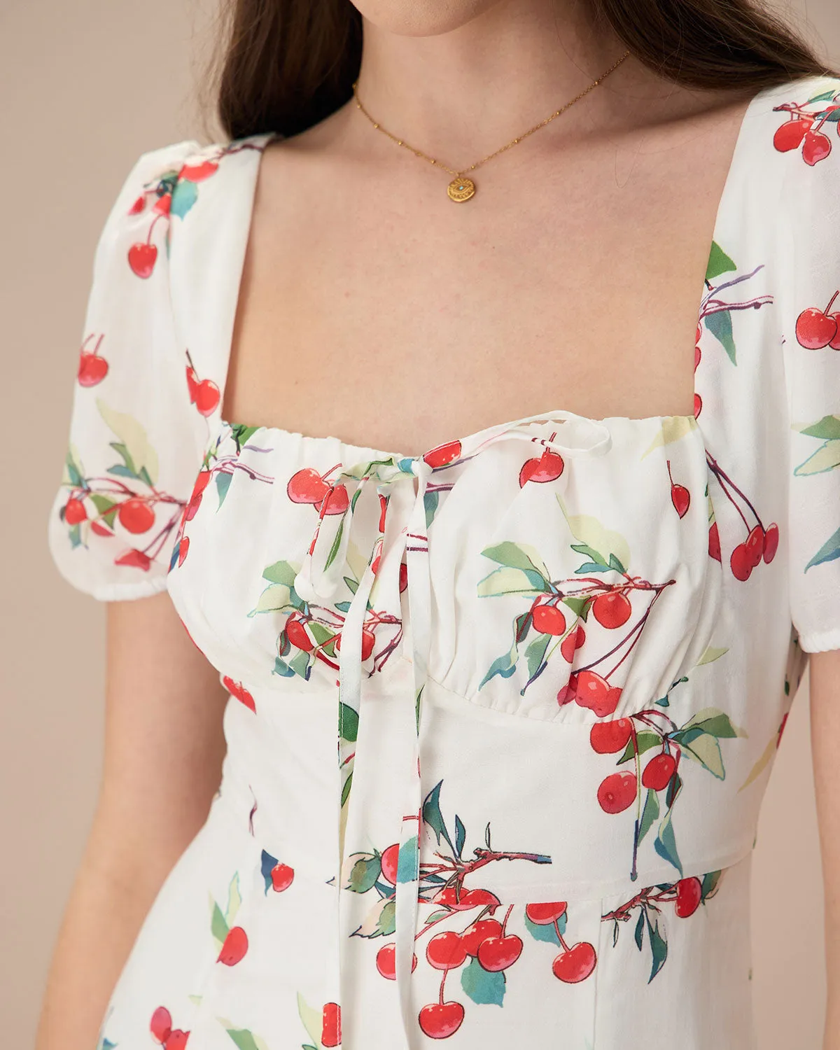 The White Puff Sleeve Cherry Split Midi Dress