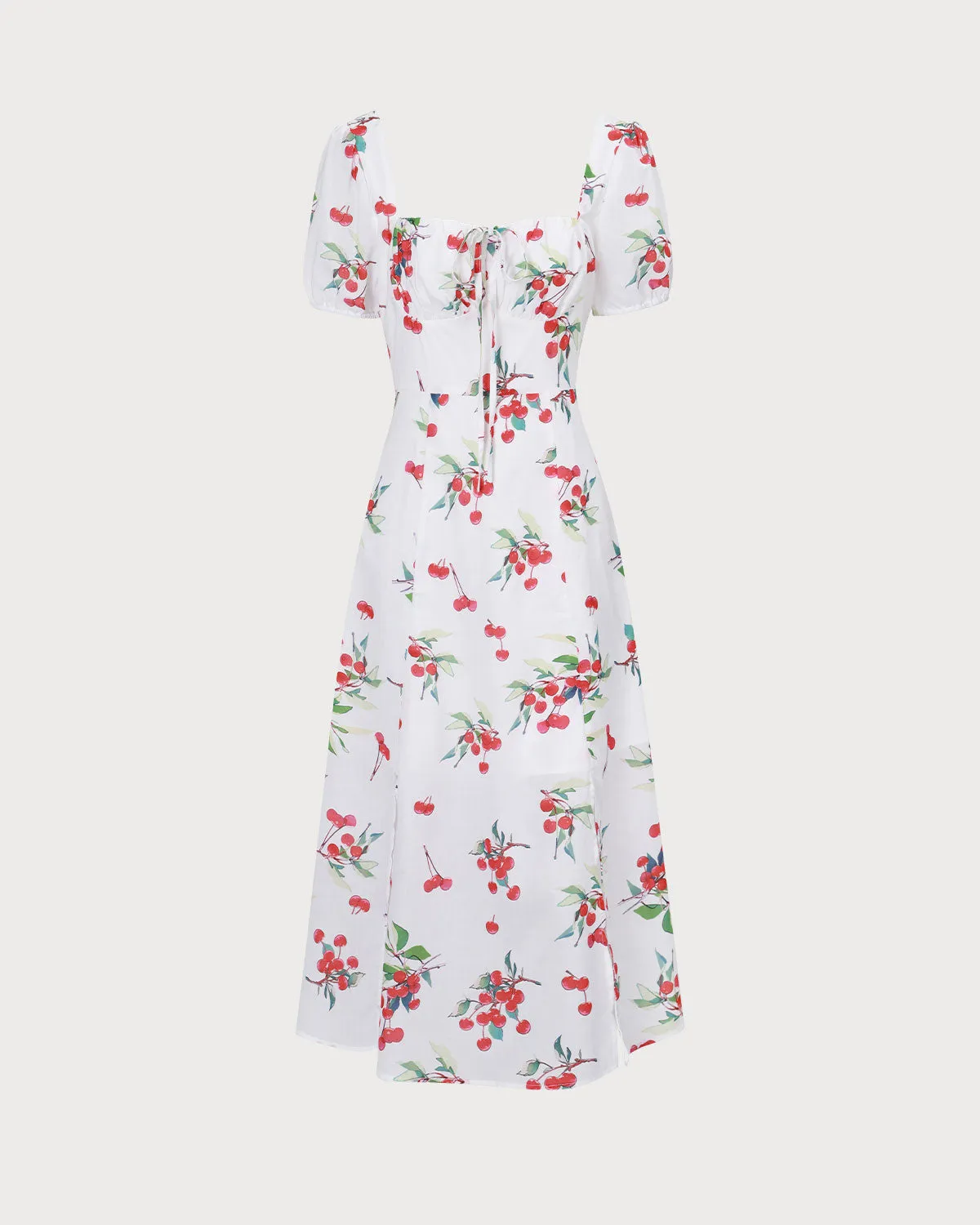 The White Puff Sleeve Cherry Split Midi Dress