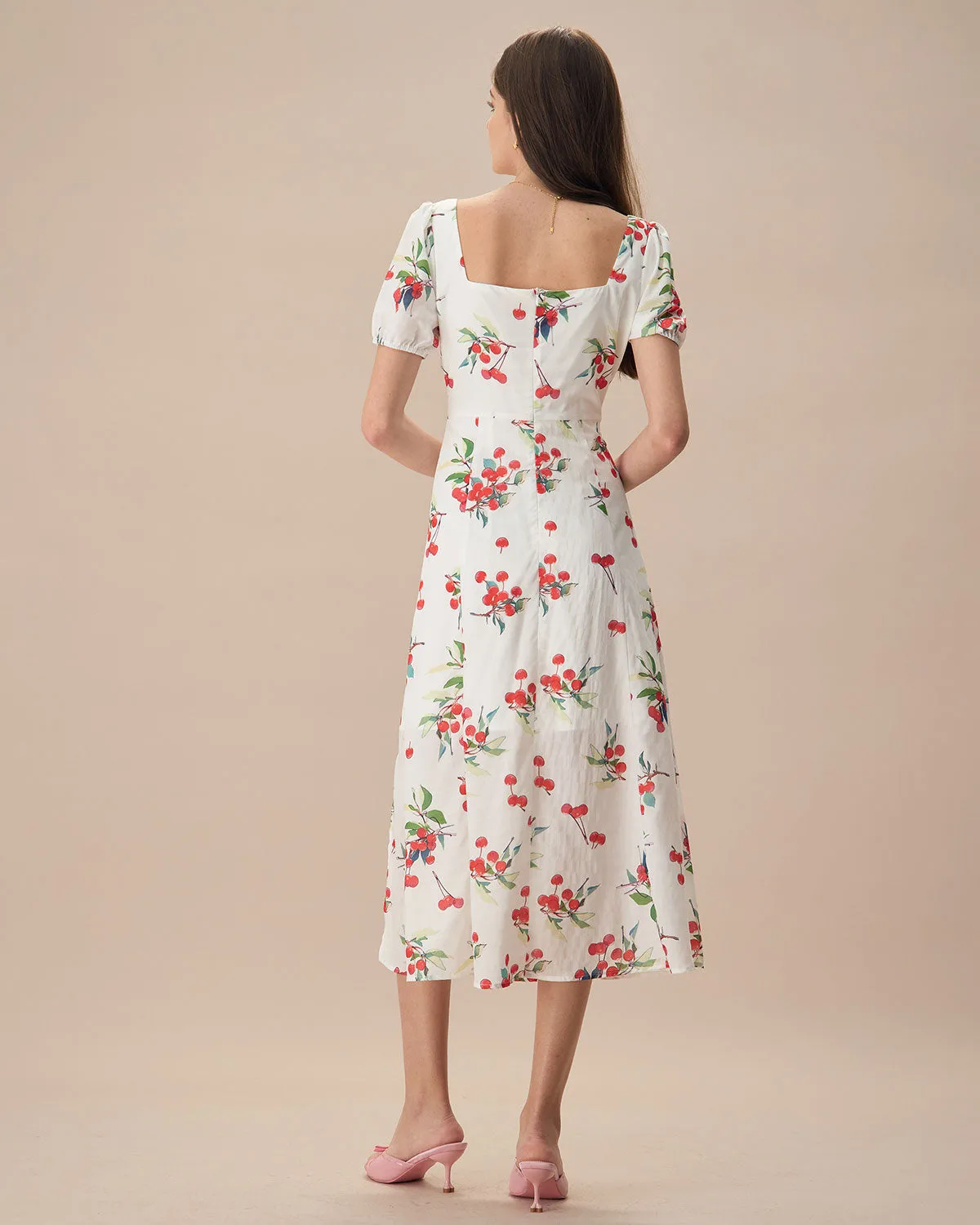 The White Puff Sleeve Cherry Split Midi Dress