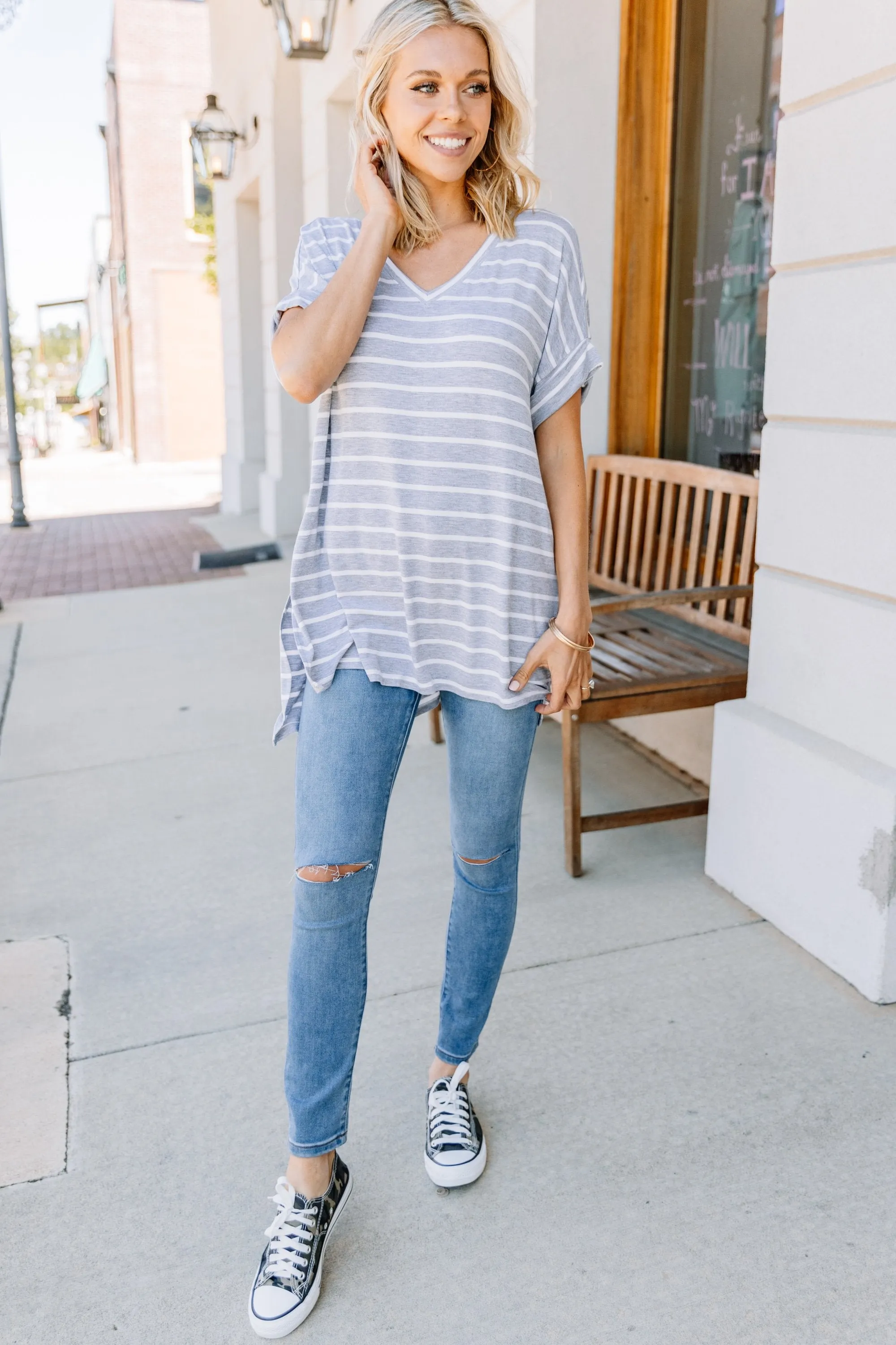 This is No Joke Heather Gray Striped Top