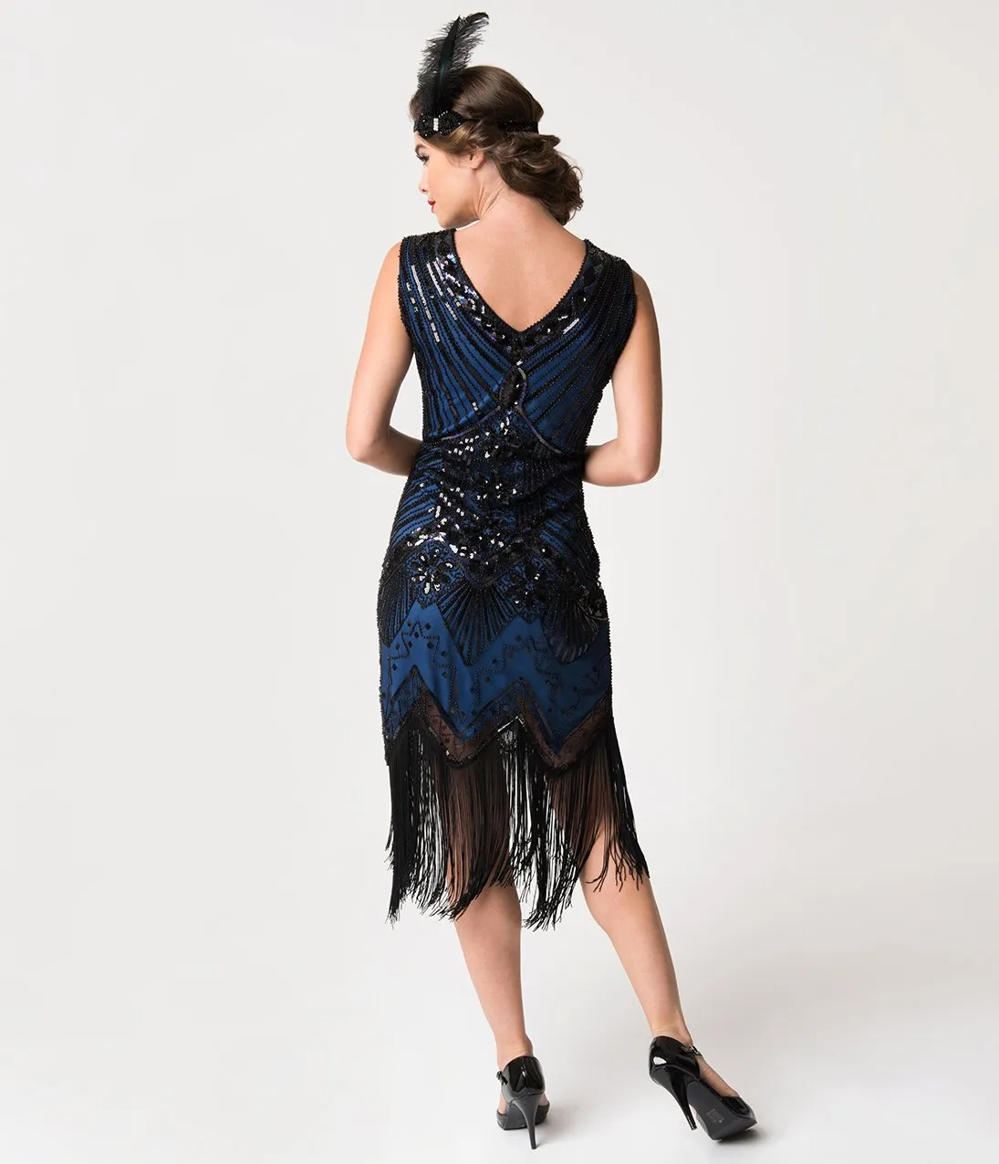 Unique Vintage 1920s Deco Navy Blue & Black Sequin Veronique Fringe Flapper Dress