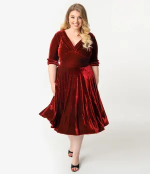 Unique Vintage Plus Size 1950s Burgundy Red Velvet Delores Swing Dress with Sleeves