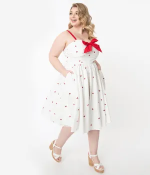 Unique Vintage Plus Size 1950s White & Red Cherry Print Golightly Swing Dress