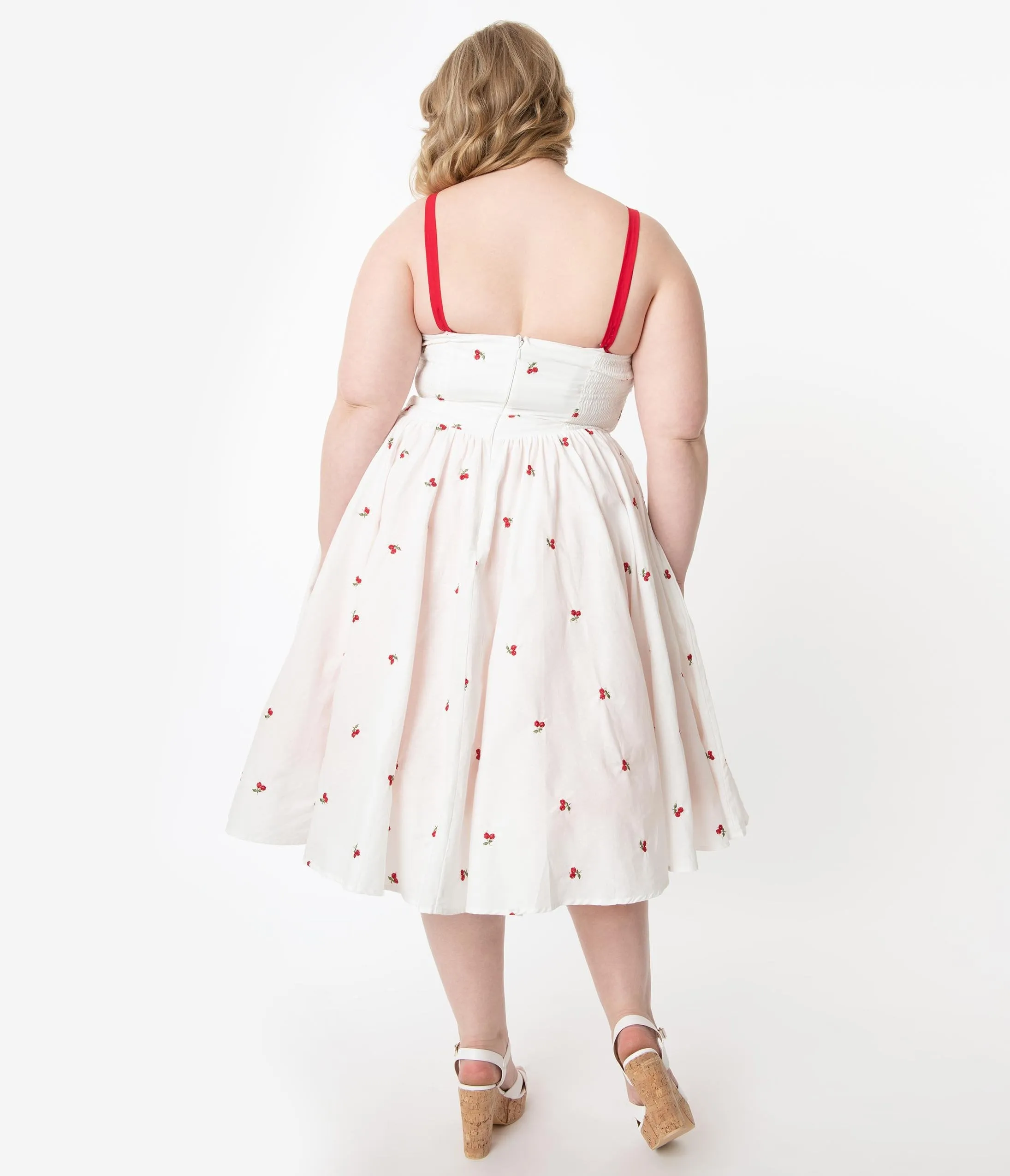 Unique Vintage Plus Size 1950s White & Red Cherry Print Golightly Swing Dress