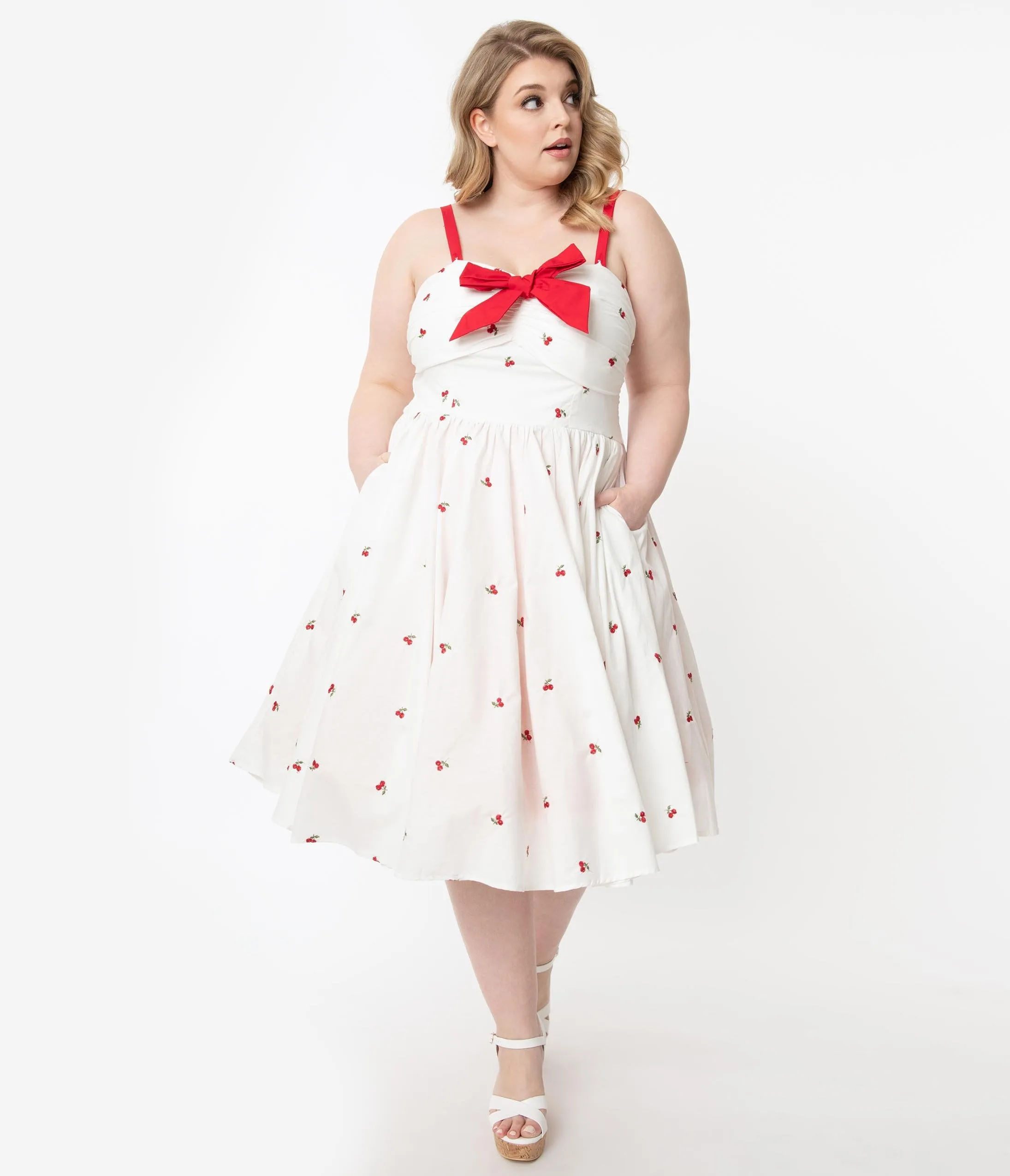 Unique Vintage Plus Size 1950s White & Red Cherry Print Golightly Swing Dress