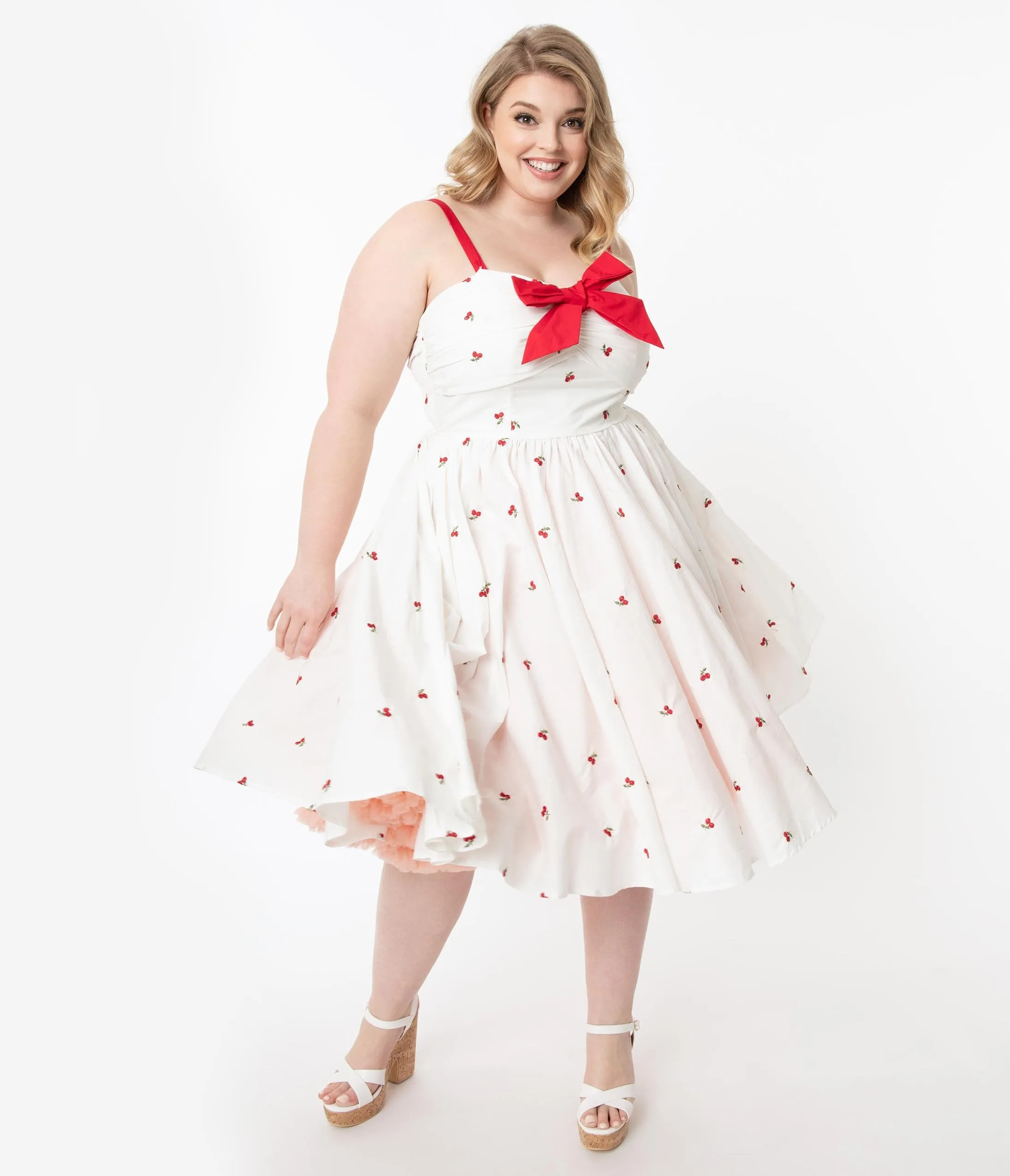 Unique Vintage Plus Size 1950s White & Red Cherry Print Golightly Swing Dress