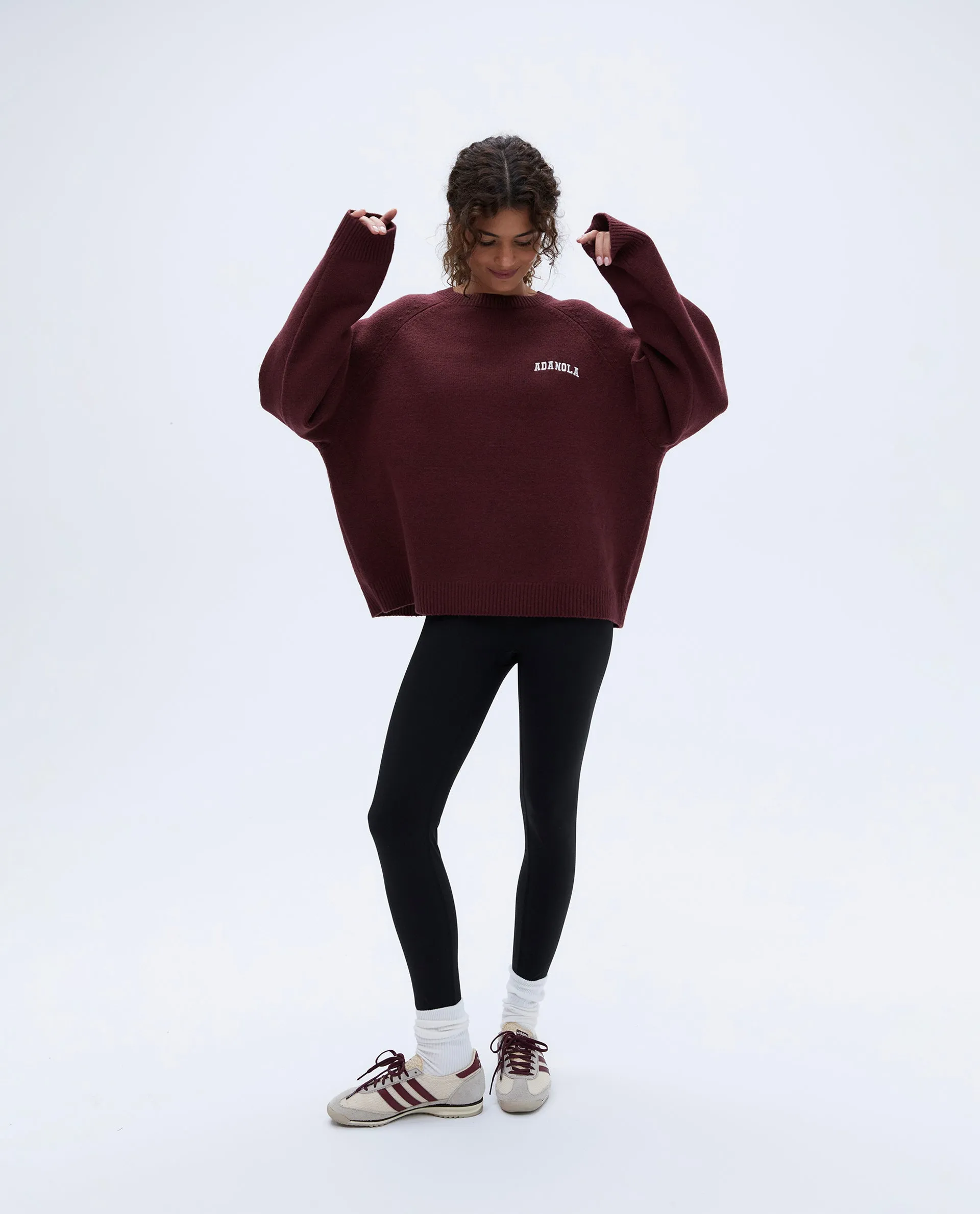 Varsity Oversized Knit Sweatshirt - Burgundy/Cream